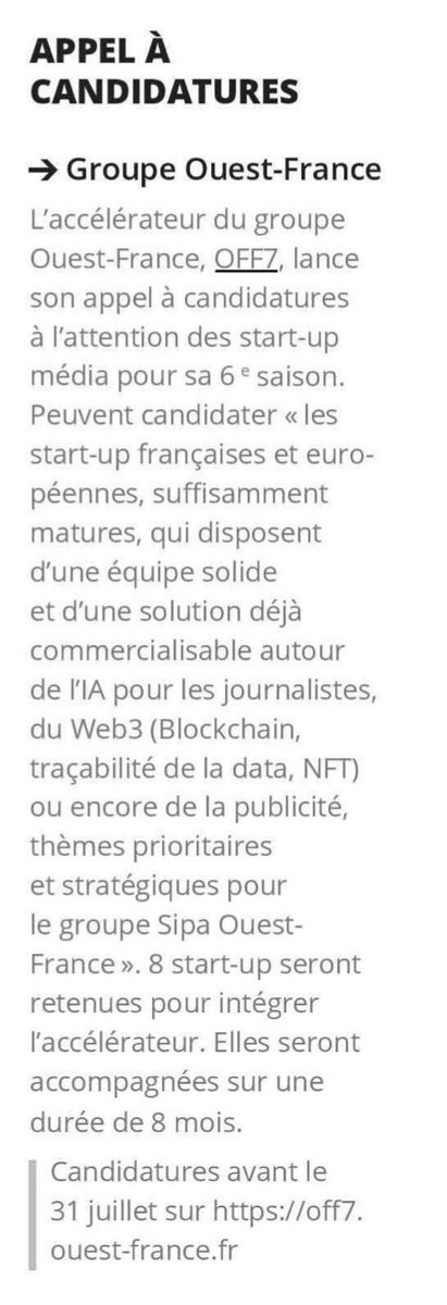 off7_'s tweet photo. 📢Avis aux meilleures startups du monde des médias : LE GROUPE SIPA @OuestFrance WANTS YOU !
Vous avez jusqu'au 31/07 pour postuler...et pê faire partie de la 6e promo de #OFF7...et ainsi suivre les traces de @Kinetix_studio, @Semji_fr ou @doors_stories et @byGetfluence ! 🤩 https://t.co/8JMkewT3kT