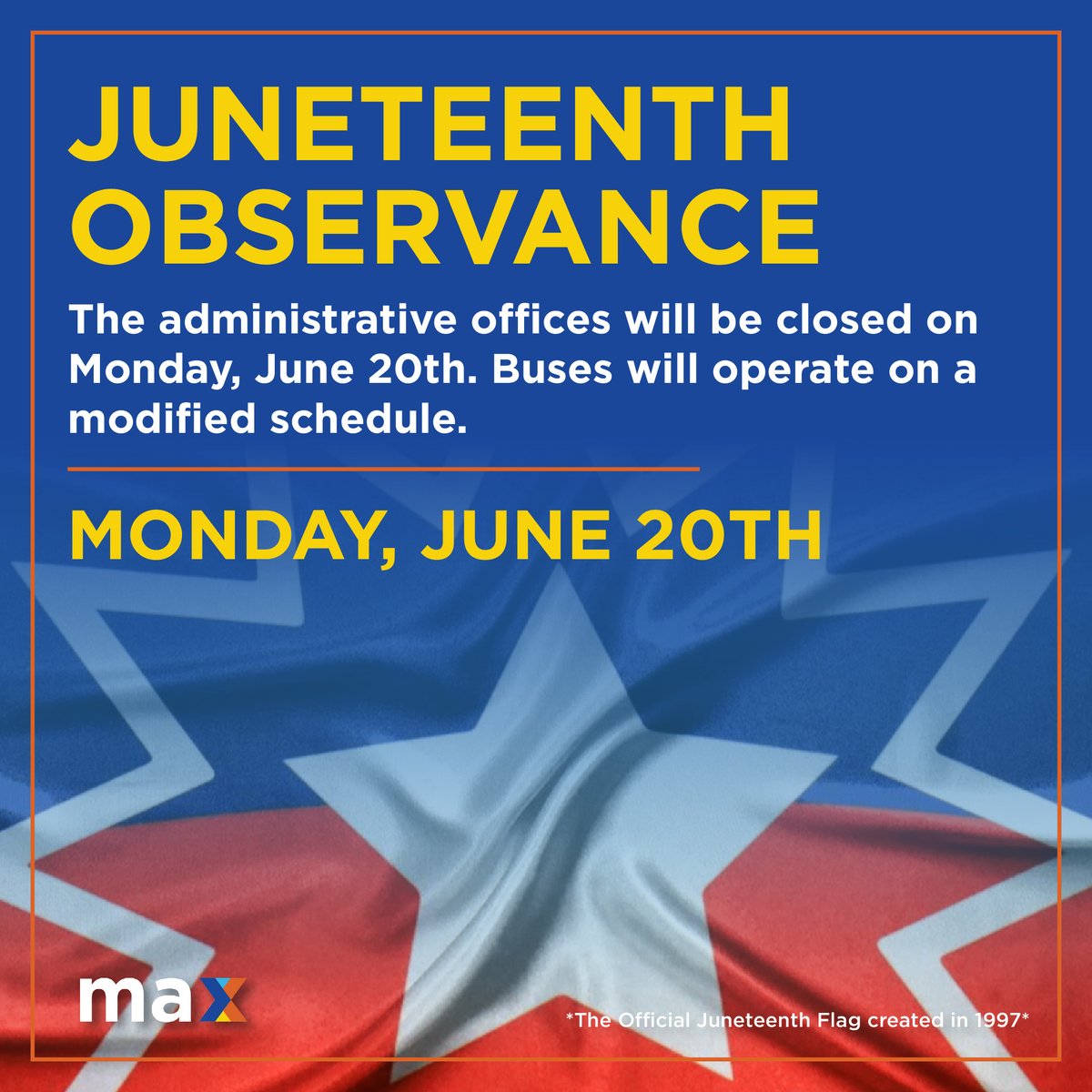 BJCTAMAX's tweet photo. Today, we honor the ancestors who endured forced migration from slavery, celebrate how far we've come, & focus on what we need to do to expand ourselves & others.❤️💛💚
#Juneteenth #FreeAndEqual #MAXTransit https://t.co/6TuVXh2QfV