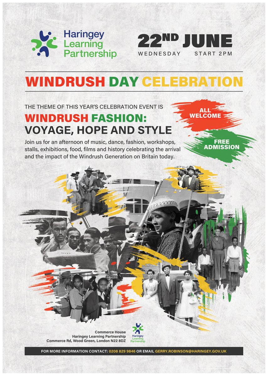 haringeycouncil's tweet photo. Join @HaringeyLP at Commerce House, Wood Green on Wednesday for a joyous celebration of  Windrush Fashion – voyage, hope and style. Free admission, and everyone welcome.

Explore our full #WindrushDay events programme: https://t.co/Z8Iiek0uqu https://t.co/3n6IKiJKwJ
