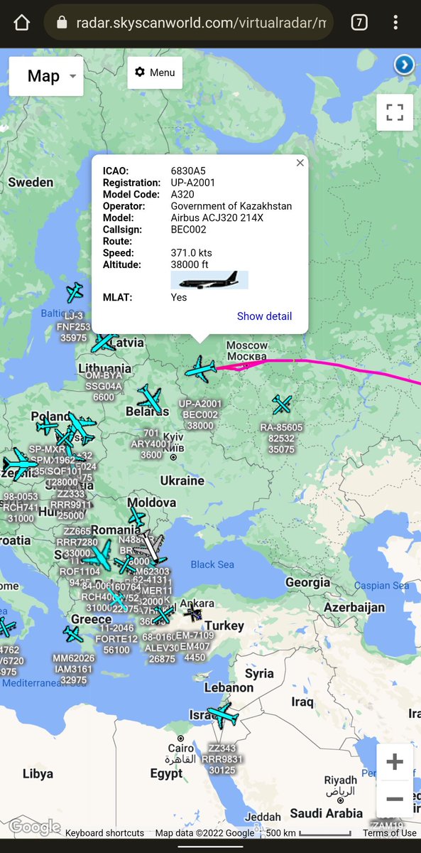 scan_sky's tweet photo. Government Of Kazakhstan 🇰🇿 - Airbus A320-214X - UP-A2001 - #BEC002

Most Likely Inbound To Minsk, Belarus 🇧🇾.

Callsign Would Suggest The Prime Minister/Deputy Prime Minister Is Aboard &amp; Likely Heading To Minsk 🇧🇾 To Attend The Eurasian Intergovernmental Council Meeting. https://t.co/z6pGw5Nnys