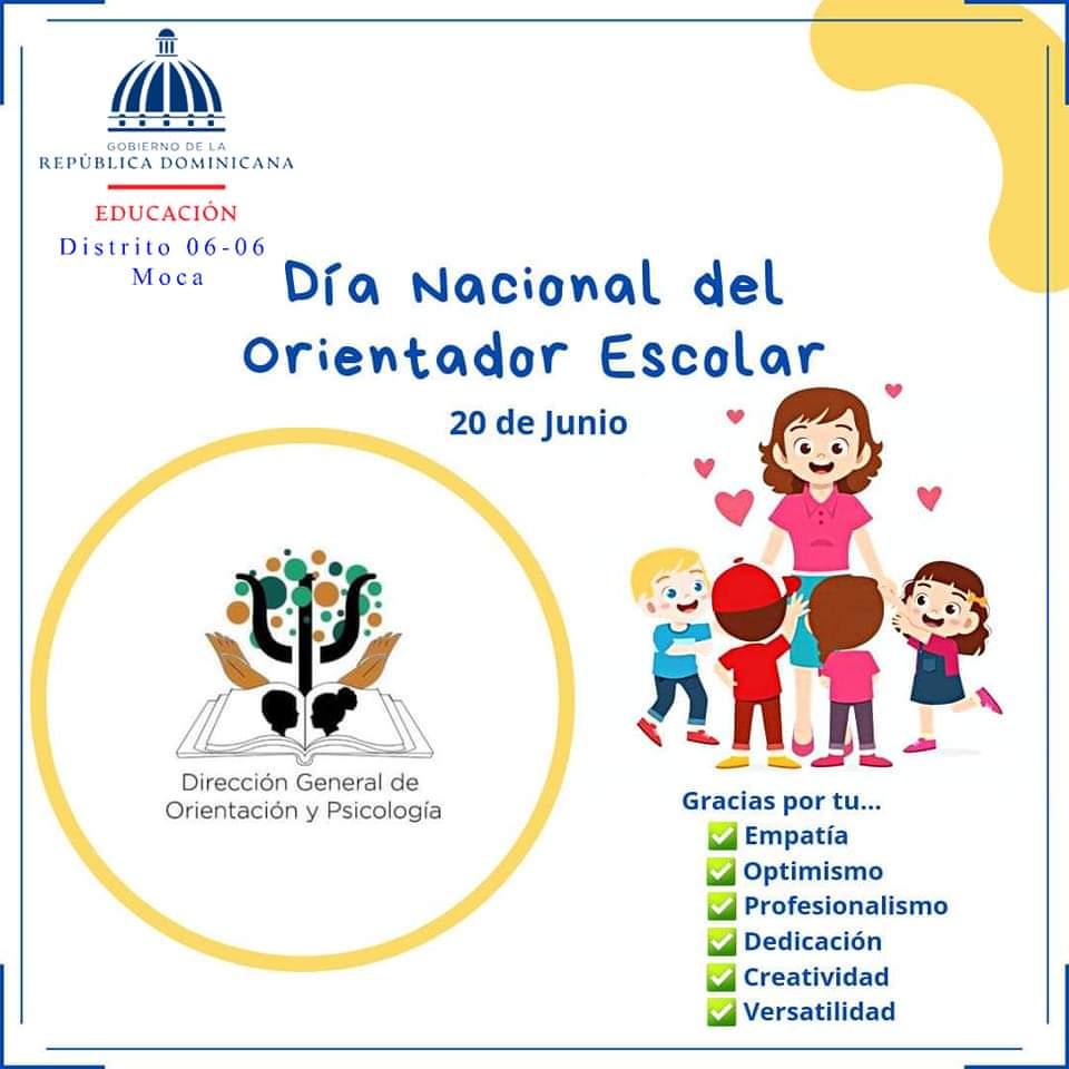 distrito06moca's tweet photo. 20 DE JUNIO: DÍA DEL ORIENTADOR ESCOLAR. 

💠 El Distrito Educativo 06-06 de Moca felicita en su día a todos nuestros orientadores escolares, agradeciendo sus múltiples aportes al proceso educativo dominicano, desde su función preventiva y de asesoramiento continuo. @EducacionRDo https://t.co/wTQTTb05Kr
