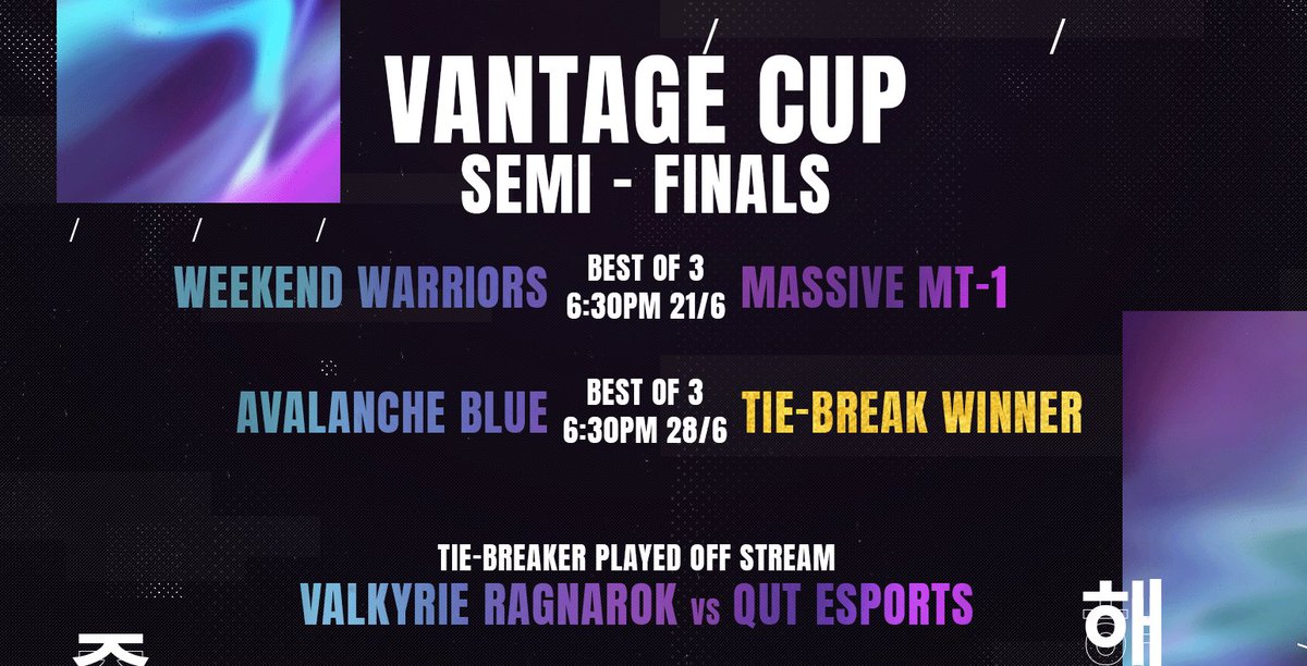 🟣🟣VANTAGE CUP SEMI-FINALS🟣🟣
Tune into the best of 3 semi-final 1 between <a href="/WKWOCE/">Weekend Warriors</a> and <a href="/MES_OCE/">Massive E-Sports</a> at 6:30PM [AEST] tomorrow night!
Then come back next week to catch <a href="/AvalancheESC/">Avalanche Esports</a> playing the winner of our tiebreaker between @ValkyrieOCE and <a href="/qutesports/">QUT Esports</a>.

twitch.tv/teamvespertine