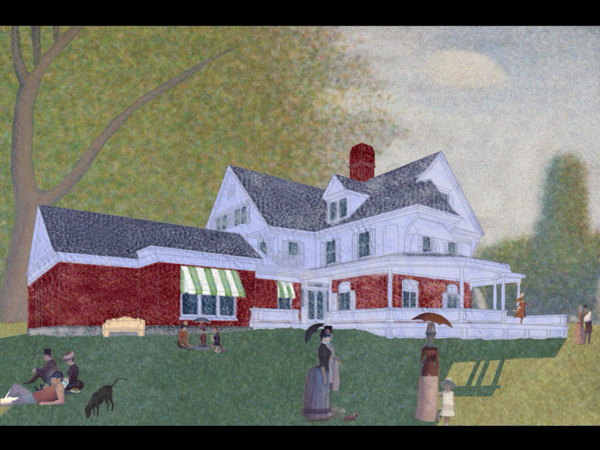 SagamoreHillNHS's tweet photo. Today is the #FirstDayOf Summer! We're continuing our series of reimagining Theodore Roosevelt's home in the style of iconic art with an homage to Seurat's "A Sunday Afternoon on the Island of La Grande Jatte." #FindYourPark #ArtInParks #Summer @NatlParkService @artinstitutechi https://t.co/VhYpr19XpT