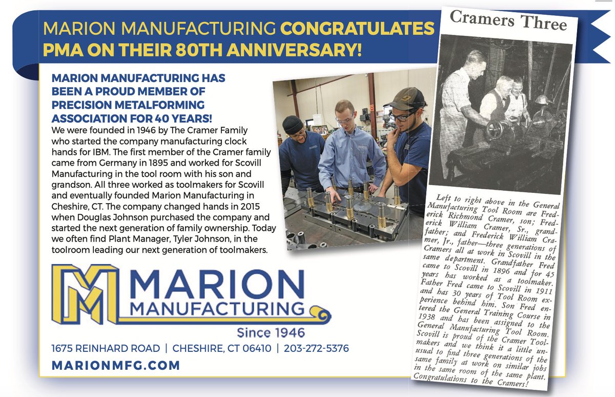 MarionMfg's tweet photo. Happy 80th Anniversary to Precision Metalforming Association! @PMATalk
https://t.co/elfPSdtOEZ
#metalforming #manufacturing #metalstamping #smallbusiness #madeinAmerica #PMA #PMAcommunity #PMA80th #buildingmomentum https://t.co/6gTINomKWN