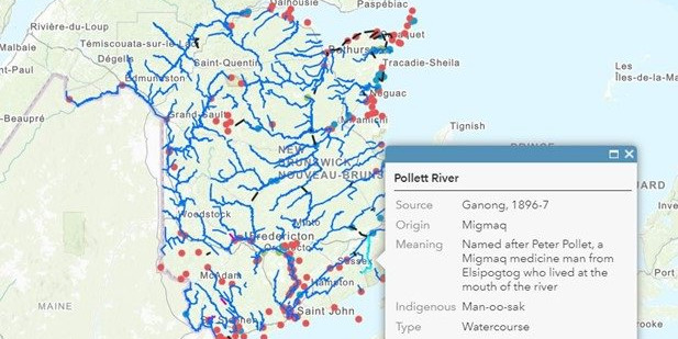 esricanada's tweet image. Explore New Brunswick’s watercourse and landmark names through the lens of the original inhabitants: Mi'gmaq, Wolastoqiyik and Peskotomuhkati nations using this map recently added to the Living Atlas. esri.social/Z0sS50JBsO2 
#IndigenousMapping