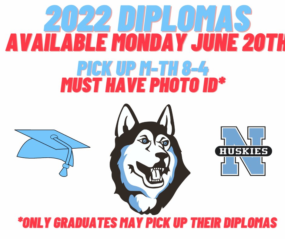 ecnorthhuskies's tweet photo. Attention 2022 Graduates! Your diplomas are ready! Stop in Monday - Thursday 8:00-4:00 pm to pick up your diplomas. You MUST have a picture ID to pick up and only the graduate can pick up their diploma unless other arrangements are made prior.  Congratulations! https://t.co/EB0ZhXJYNU