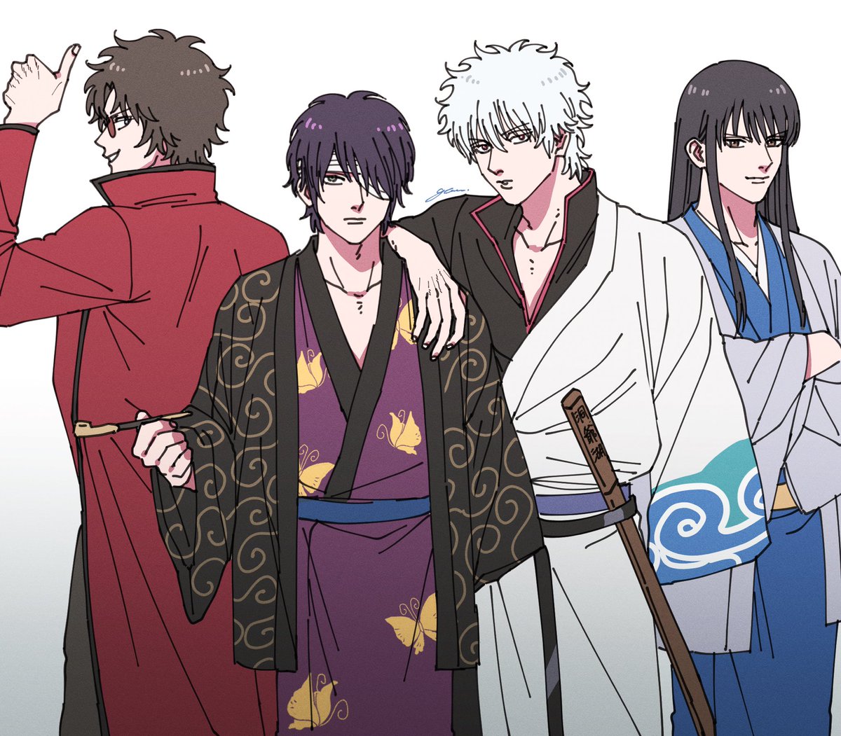 sakata gintoki japanese clothes kimono bandage over one eye multiple boys black hair smoking pipe sword  illustration images