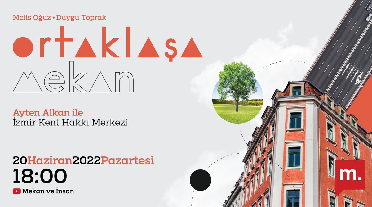 Bugün 18.00’de <a href="/MelisOguz/">Melis Oğuz Çevik</a> ile birlikte <a href="/kenthakki_izmir/">İzmir Kent Hakkı Merkezi</a> koordinatörü @AytenAlkan72 ile sohbet ediyoruz. 
<a href="/medyascope/">Medyascope</a>

#mekanveinsan 
#MedyascopePlus

Görsel tasarım <a href="/cihannder_/">Cönder</a>