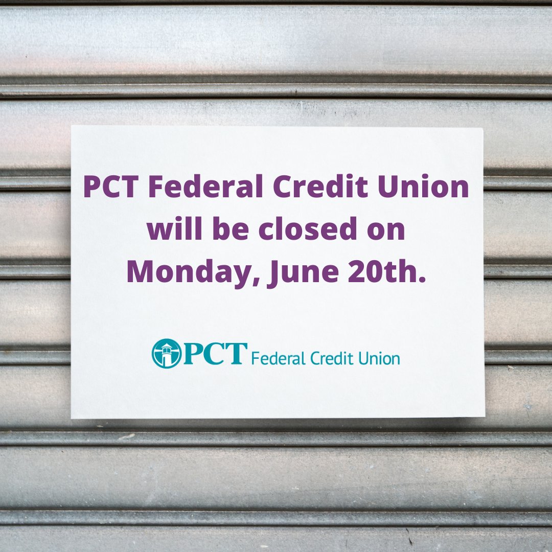 A reminder that we will be closed today in observance of Juneteenth. We invite you to use our online banking, mobile banking &amp; drive-up ATM services during this time. #PCTFCU #PCTFederalCreditUnion #WarehamMA #Juneteenth #FreedomDay #Holiday #HolidayClosing