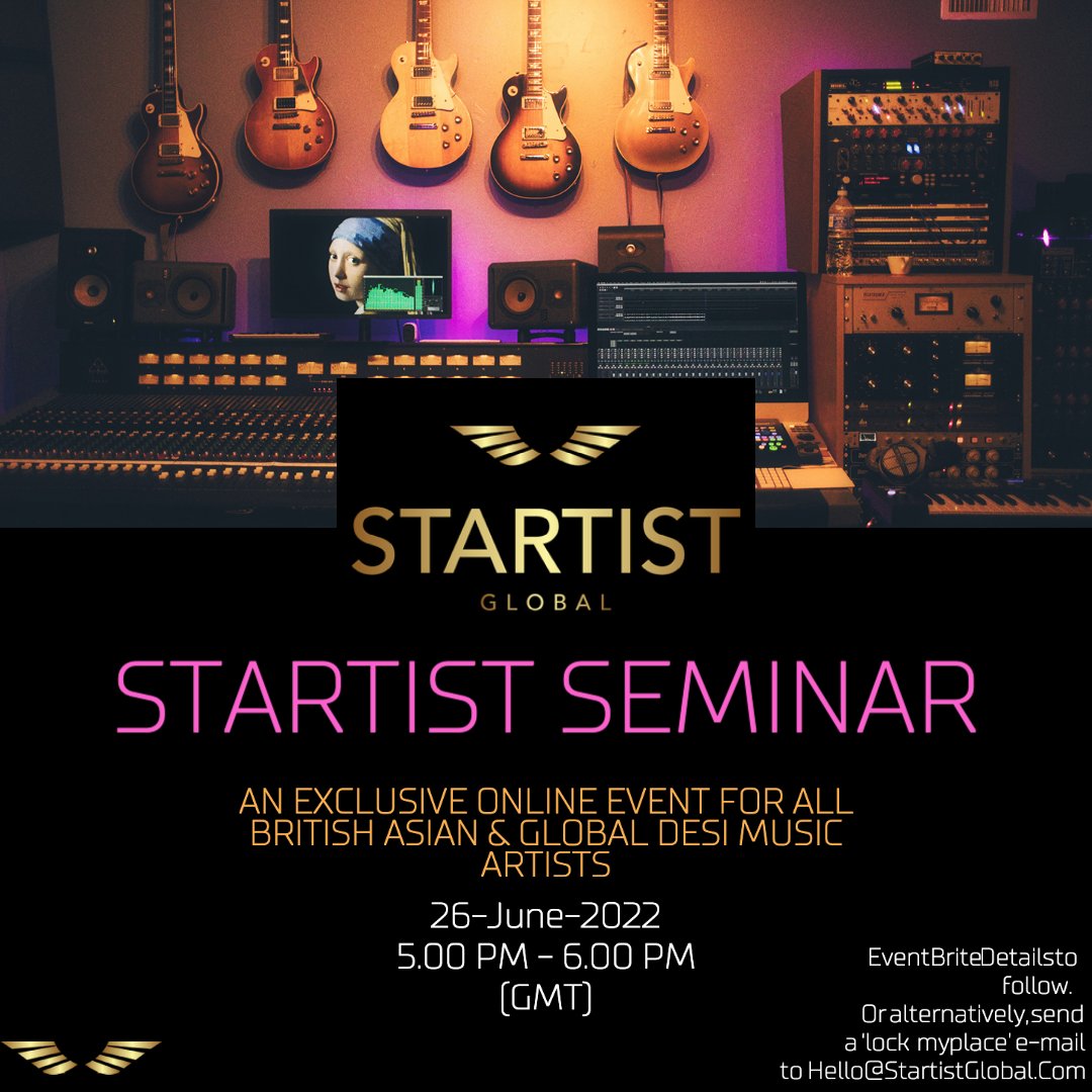 Since the launch of #StartistGlobal, we have been inundated with artists looking to get the support they deserve. Our response? Join our very first, Startist Seminar hosted by <a href="/musicbyrr/">RISHI RICH</a> <a href="/iamkiranee/">Kɪʀᴀɴᴇᴇ ෆ</a> <a href="/rajghai/">Raj Ghai</a> on 26/6 at 5.00 pm GMT on Zoom eventbrite.co.uk/e/startist-glo…
Limited capacity!