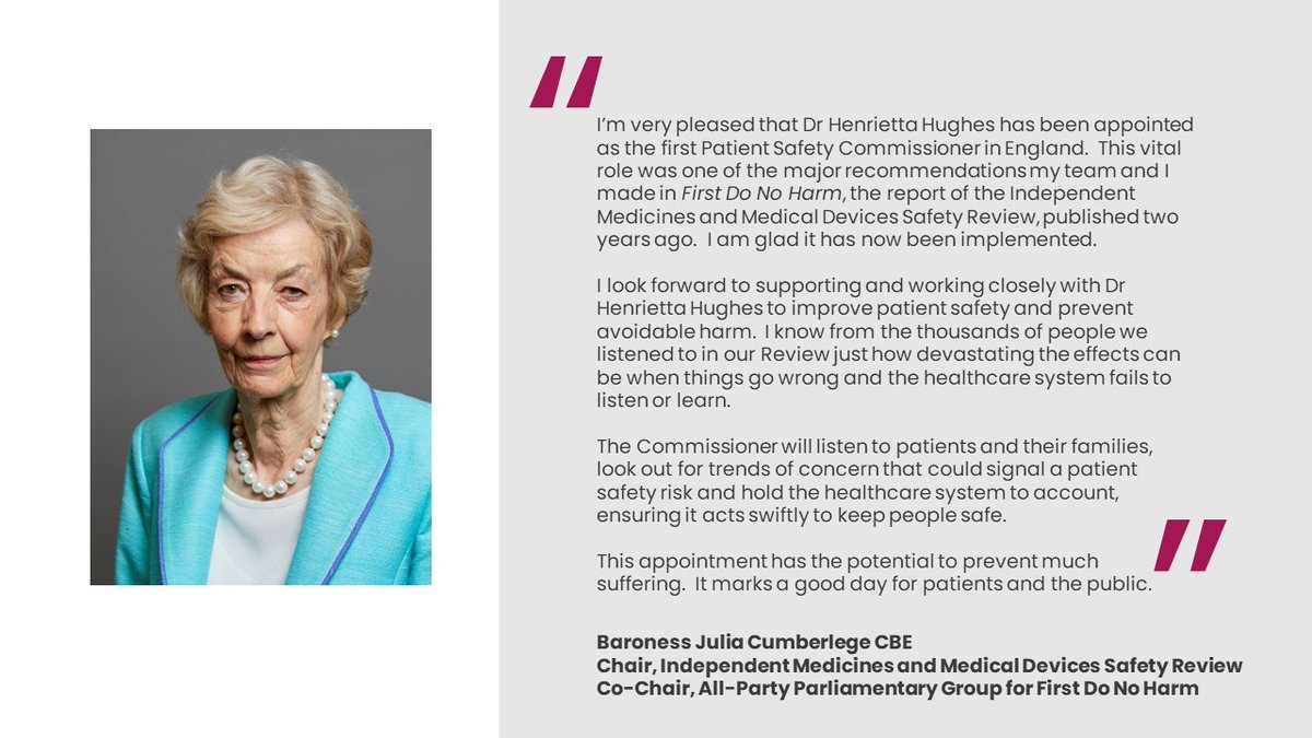 See below my statement on the appointment of Dr Henrietta Hughes as the next #PatientSafetyCommissioner.