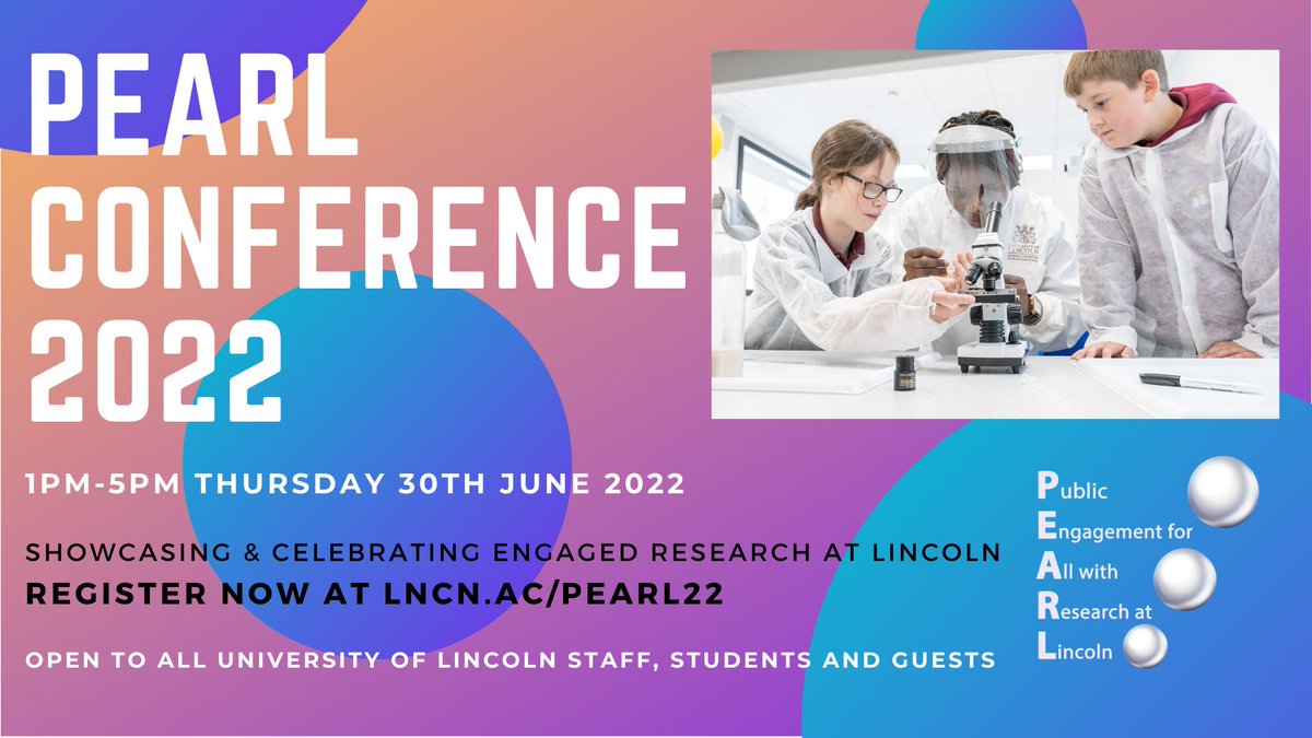 Register now for PEARL's annual conference! eventbrite.co.uk/e/pearl-confer…

Join us next Thursday 30 June (1pm-5pm) to hear about exciting and inspiring public engagement projects from the past year.

Free &amp; open to all <a href="/unilincoln/">University of Lincoln, UK</a> staff and students. Programme forthcoming this week.