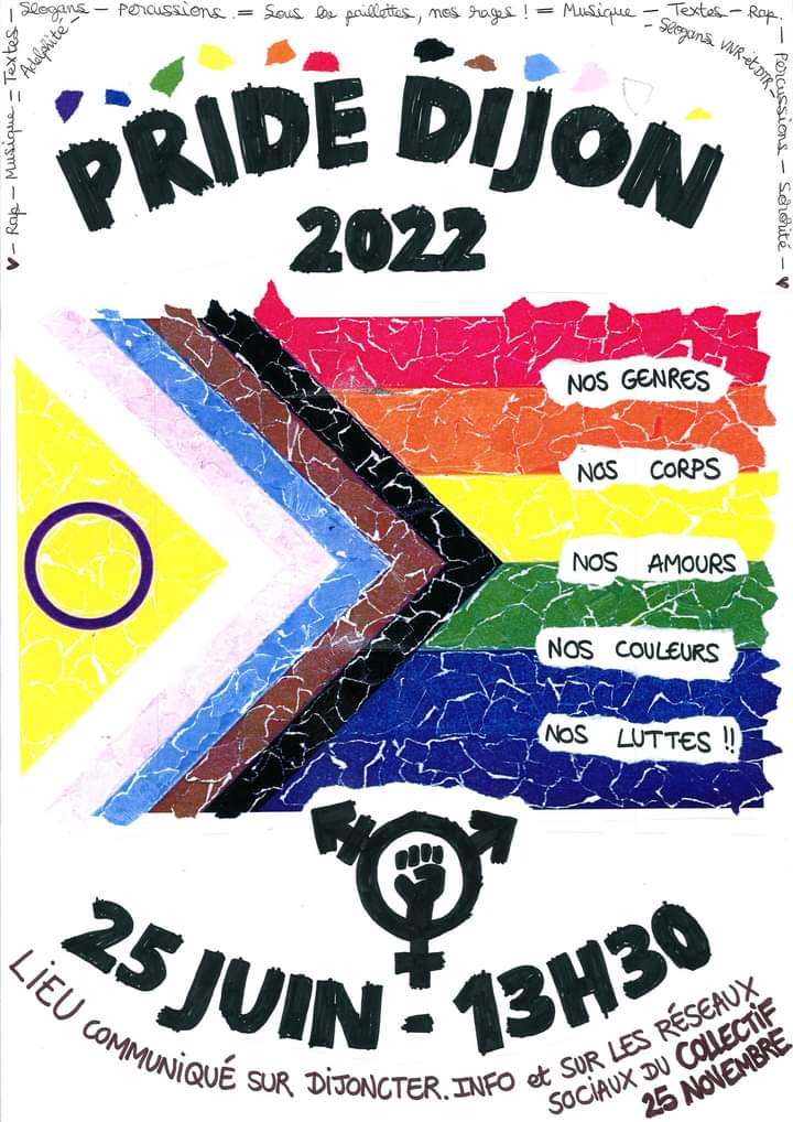 Collectif25nov's tweet photo. J-5 avant la Pride de Dijon 🌈🔥
Rdv ce samedi 25 juin, à 13h30 sur la place du 1er mai (port du canal) ⚡ https://t.co/9ytVsY7QM0