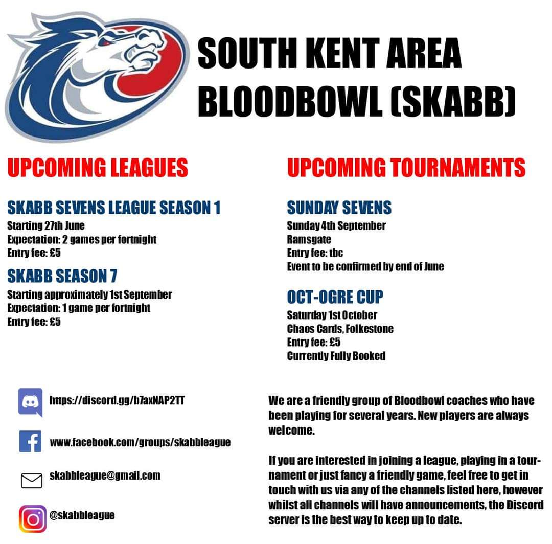 SkabbLeague's tweet photo. Sevens league starting next week.
Full league starting in September.
Sevens tourney in September and Ogre themed tourney in October.
#bloodbowl #bloodbowlsevens #kentbloodbowl #skabb https://t.co/h2Cb78I0ZR