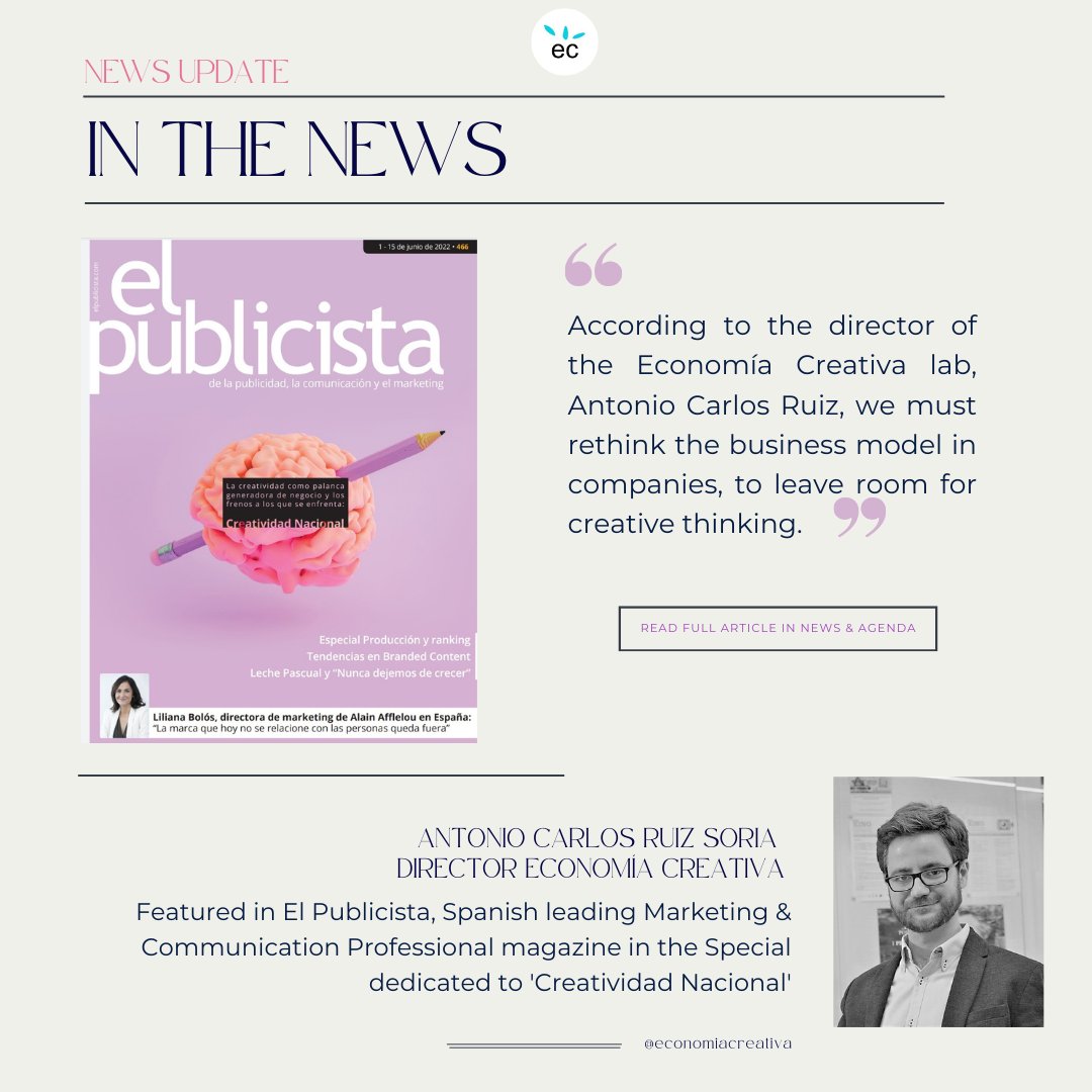 EconmiaCreativa's tweet image. They write about us again 📰👍
📌More info here &amp;gt;&amp;gt; economiacreativa.wordpress.com/2022/06/20/new…
#economiacreativa #yourcreativityexperts #creativityexperts #InTheNews