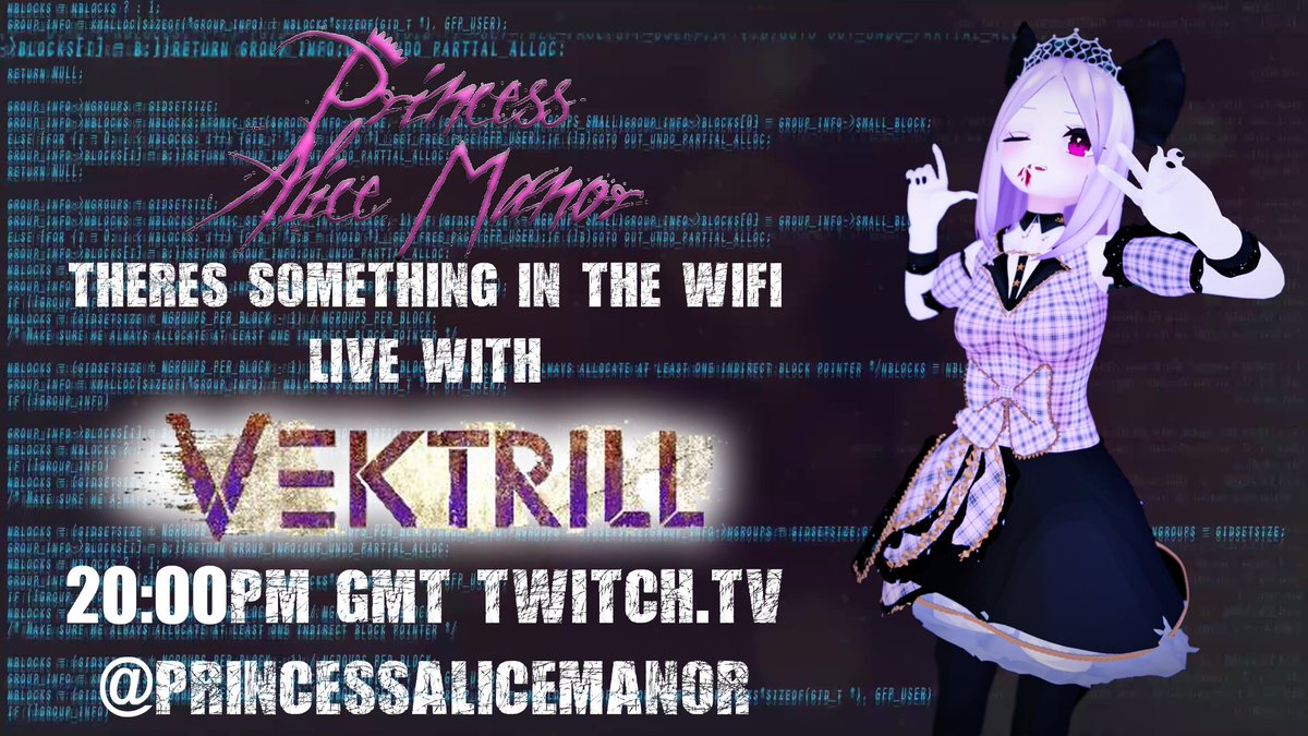 THERE'S SOMETHING IN THE WI-FI LIVE TONIGHT @ 20:00GMT

twitch.tv/princessalicem…

Come join me tonight again for My Regular Show! I'll be joined by Electronic Rock Group @vektrill !

#metalpodcast #metal #rock #vtuber #VTuberEN