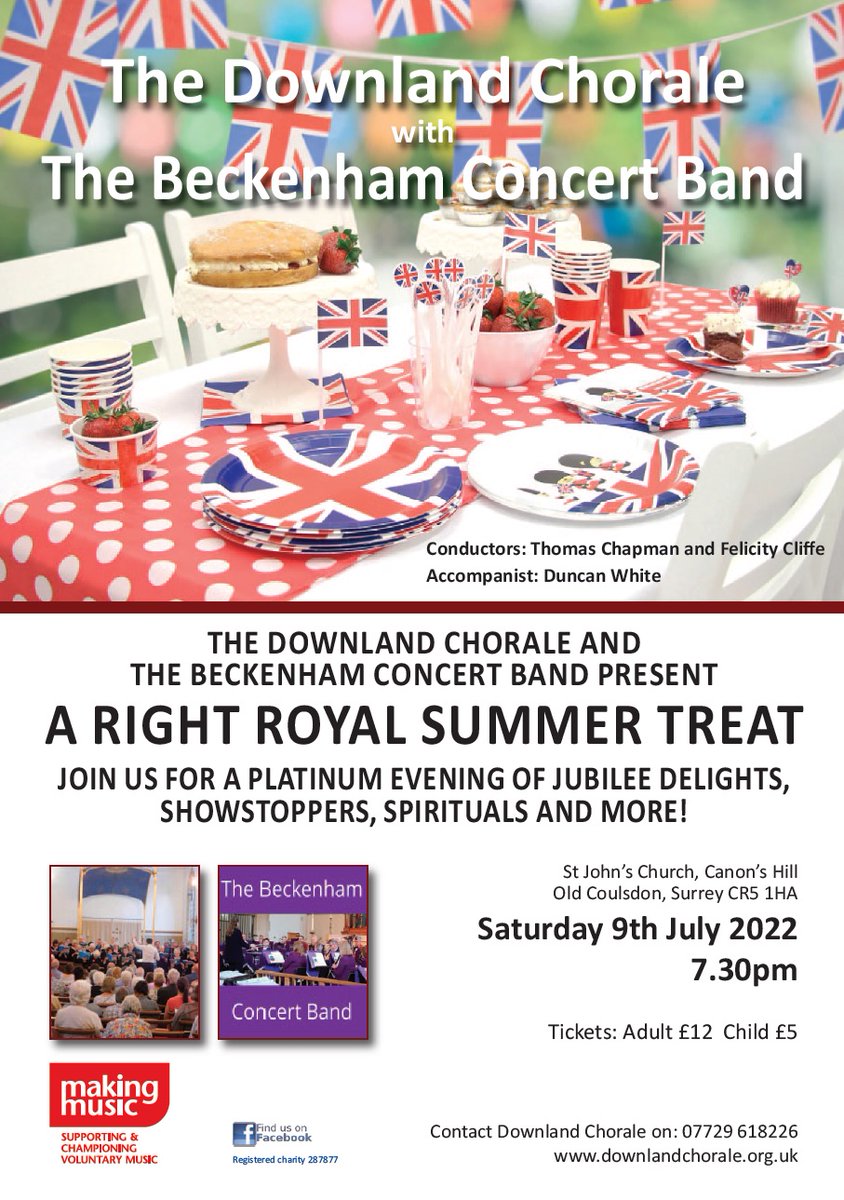 The band will be performing with Downland Chorale on Saturday 9th July at 7.30pm at St John's Church, Old Coulsdon CR5 1HA

Conductors: Thomas Chapman and Felicity Cliffe