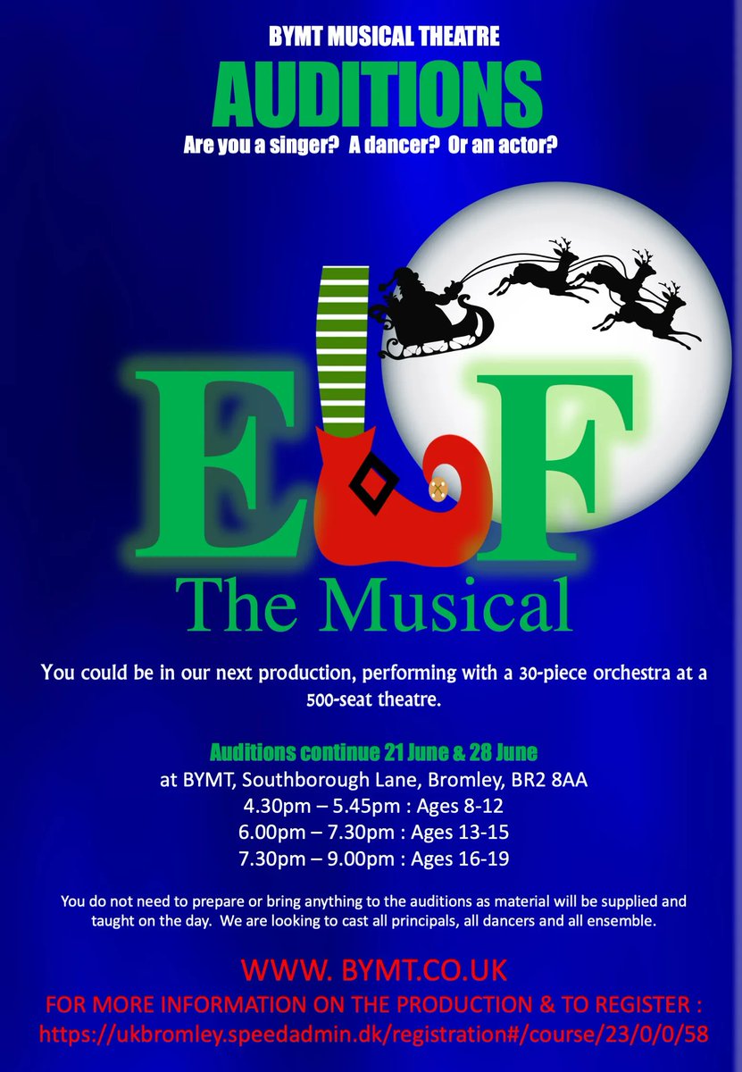 BYMT Musical Theatre auditions continue tomorrow night. There is still still to register &amp; come along and have some #SparkleJollyTwinkleJingley buff.ly/3xo33J9