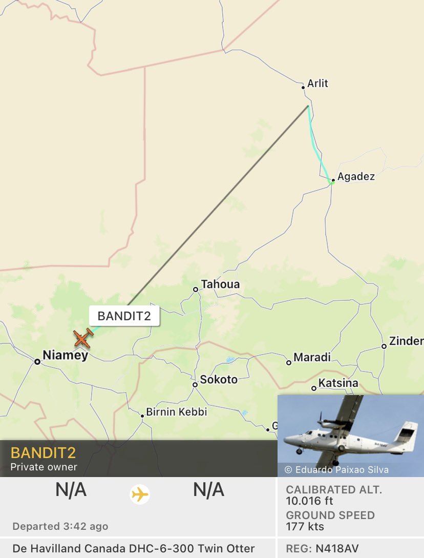 fabsenbln's tweet photo. #Niger ๐ณ๐ช #BANDIT2 - DHC6 Twin Otter (reg. N418AV - hex A4F1EC) owned by Berry Aviation, US military contractor, is normally flying between Agadez & Niamey. Very unusual: 17/06/2022 8:20am (UTC) it flew north. Not sure if US ๐บ๐ธ personell is still operating the base in Arlit.(1/3) https://t.co/zrCTvs2z1u