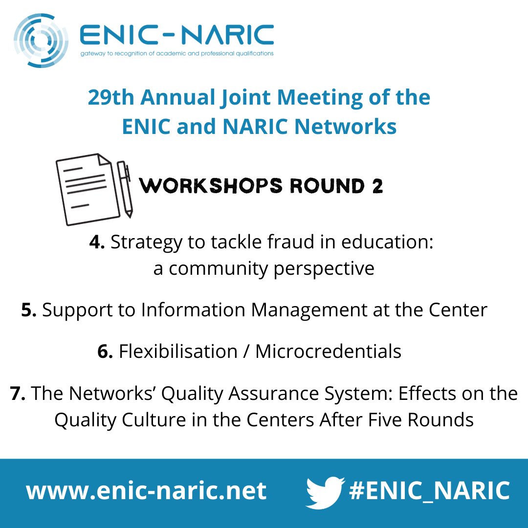 ENIC_NARIC's tweet photo. We are delighted to welcome participants in the second round of workshops, here at the #ENIC_NARIC Joint Meeting, in #Dublin! 😃 Take a look at the program of the sessions being conducted this afternoon 👇

#EduFraud #InformationManagement #Microcredentials #QualityAssurance https://t.co/ezE9mRpa7h