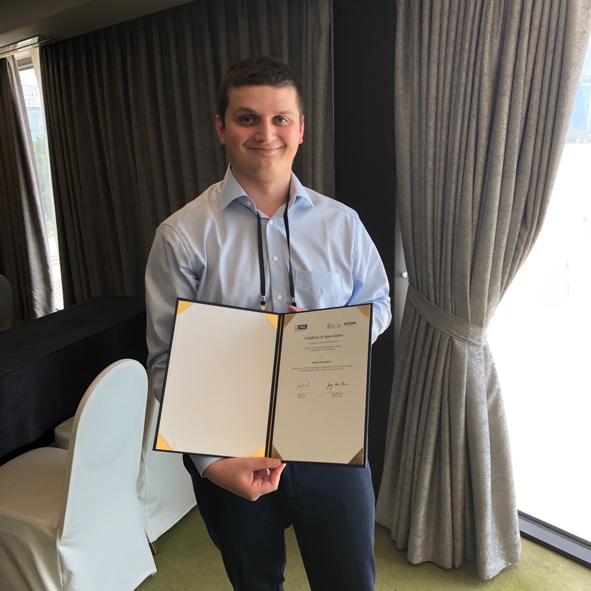 Michiel Busschaert received a certification of appreciation for his keynote on 'Inference of Kinetics in Population Balance Models using Gaussian Process Regression' at 13th <a href="/IFAC_Control/">IFAC_Control</a> symposium #dycops in Busan last week!