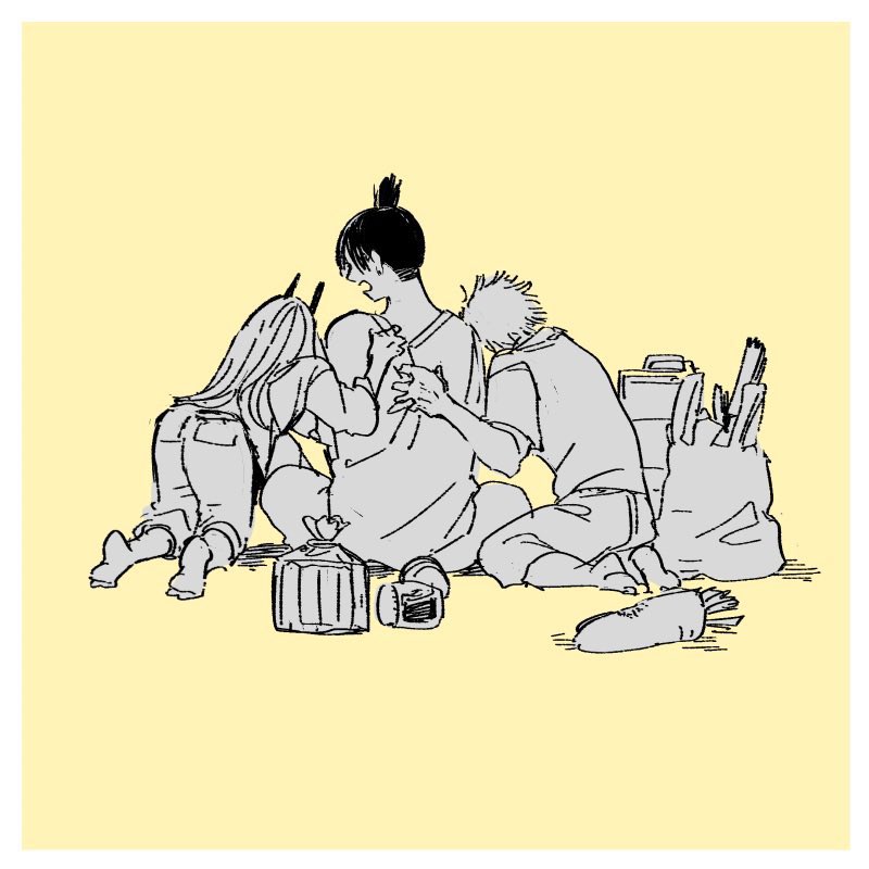 denji (chainsaw man) 1girl 1boy v short hair simple background yellow background monochrome  illustration images