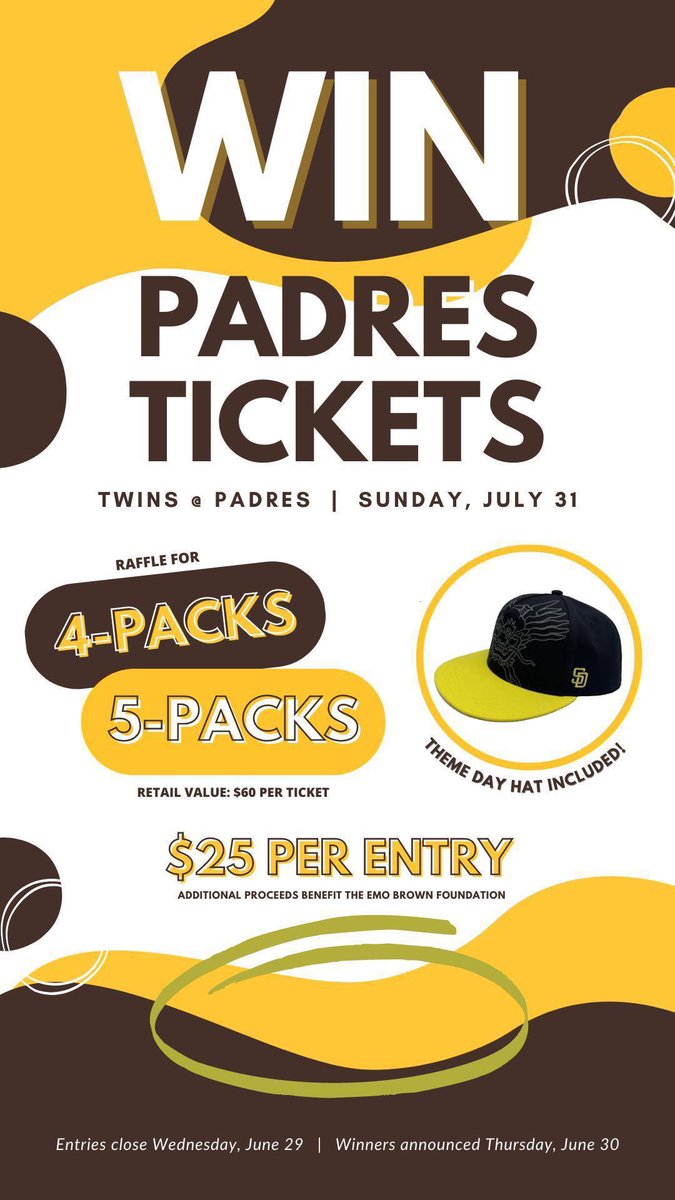 Maddiep21's tweet photo. Not a scam. Help the @EmoBrownFound and purchase a raffle ticket (or more) for Padres tickets in section 118 on Sunday July 31st. Featuring the Bruce Lee theme game hat! 

https://t.co/ISXDb3c8CS https://t.co/jqYrVArWm6