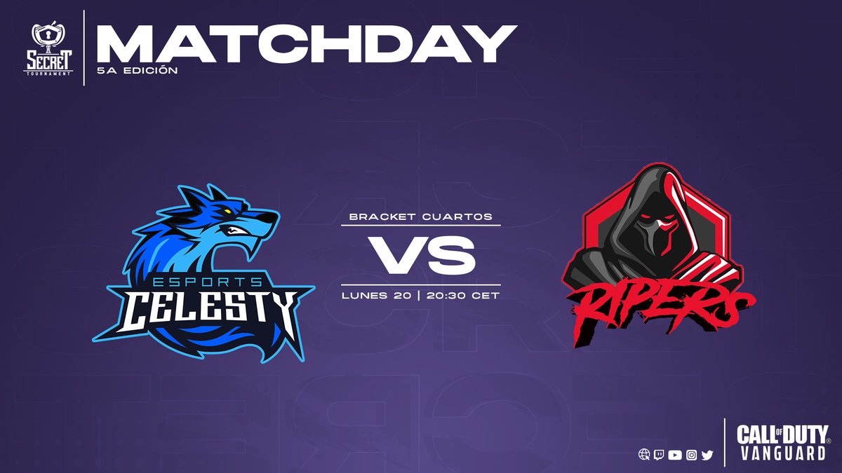 #SecretCODLeague #Vanguard

¡HOY ES EL DÍA!

Hoy damos comienzo la fase final de esta 5a edición y lo haremos con un partidazo a las 20:30, no os lo podéis perder.

🆚 | @celesty_ec - <a href="/Ripers_Spain/">Ripers E-Sports España</a>

🎥 | <a href="/vJorii/">𝕵𝖔𝖆𝖓</a> 
🎙 | <a href="/Enrique_Caster/">Enrique Navarro</a> &amp; <a href="/Sofia_Waseo/">Zm_waseo_</a>

📺 | twitch.tv/secrettourname…