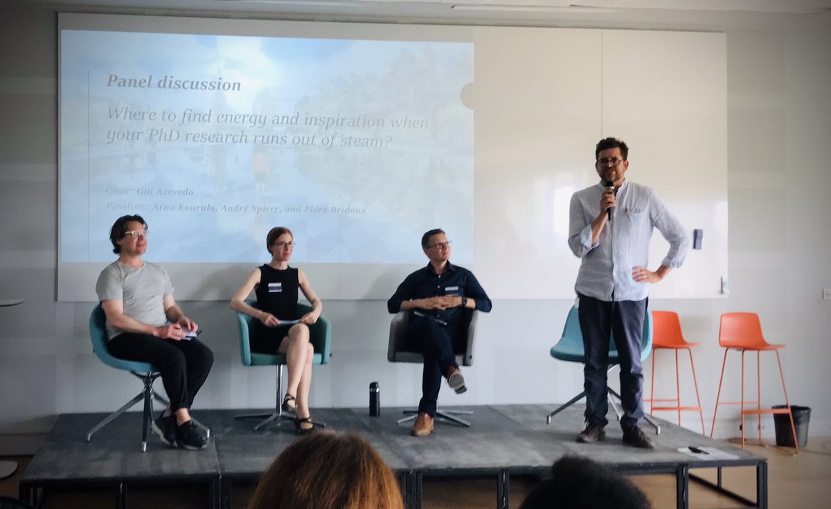 JenCGoodman's tweet photo. Where to find energy and inspiration when your PhD research runs out of steam? @azevgui is leading this fascinating discussion with @andre_spicer @ArnoKourula and #FloreBridoux #BSS2022 @audencia https://t.co/zMI9M51GU6