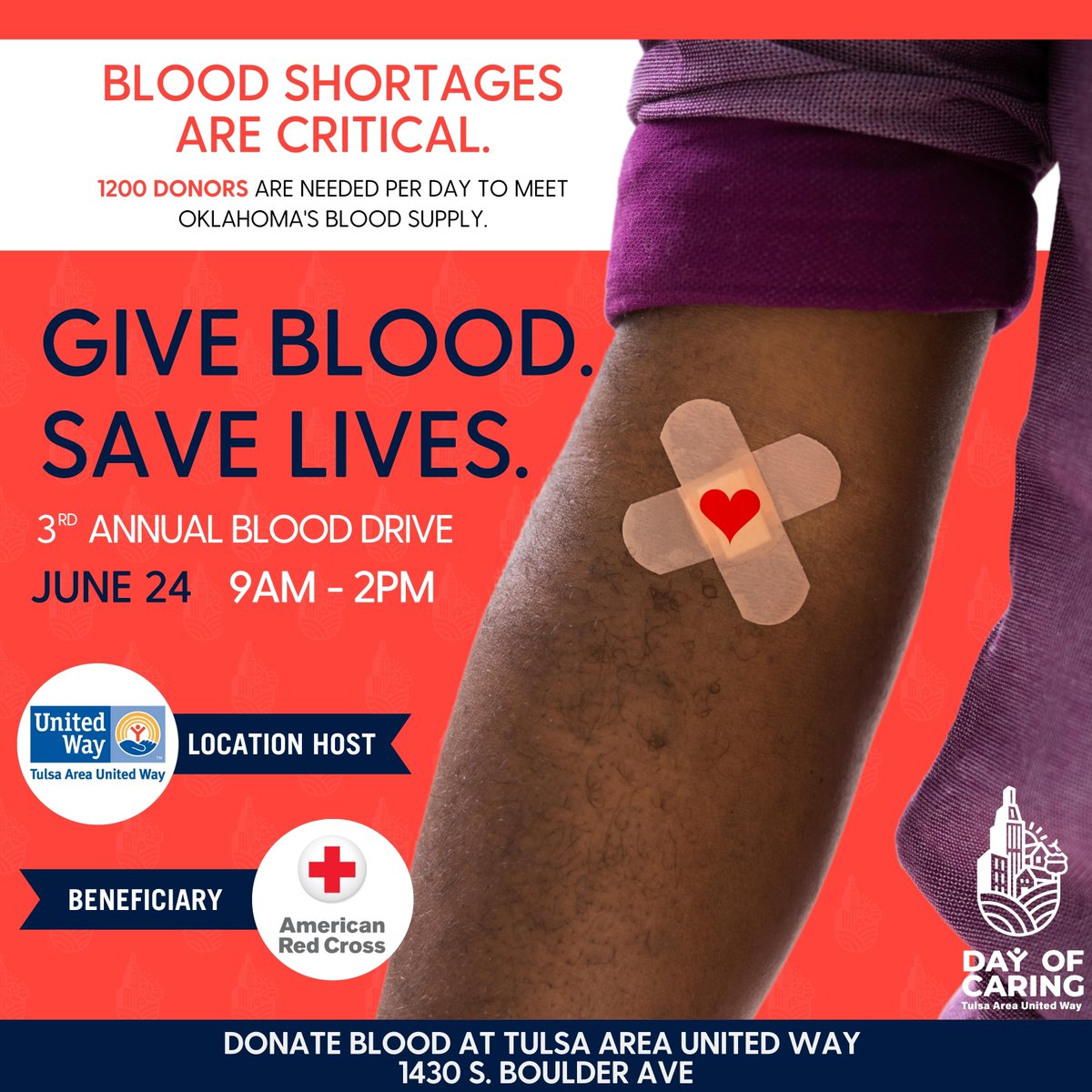 FOUR MORE DAYS! 🥳 Did you know you can donate food AND blood on June 24 at the Tulsa Area United Way office!? Stop by and see us with food donations for @okfoodbank and register to give blood with our partner agency @RedCross at tauw.org #WeCanCanYou #DayOfCaring