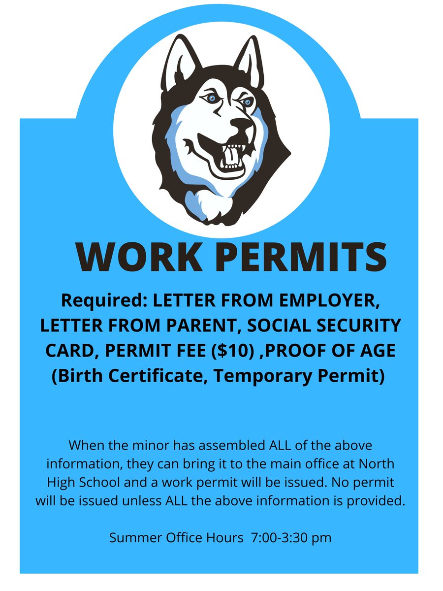 ecnorthhuskies's tweet photo. If your student needs a work permit for their summer job stop in and see us this summer. Ms. McCabe will be happy to help you get all set! https://t.co/sI6Nx6oPFO