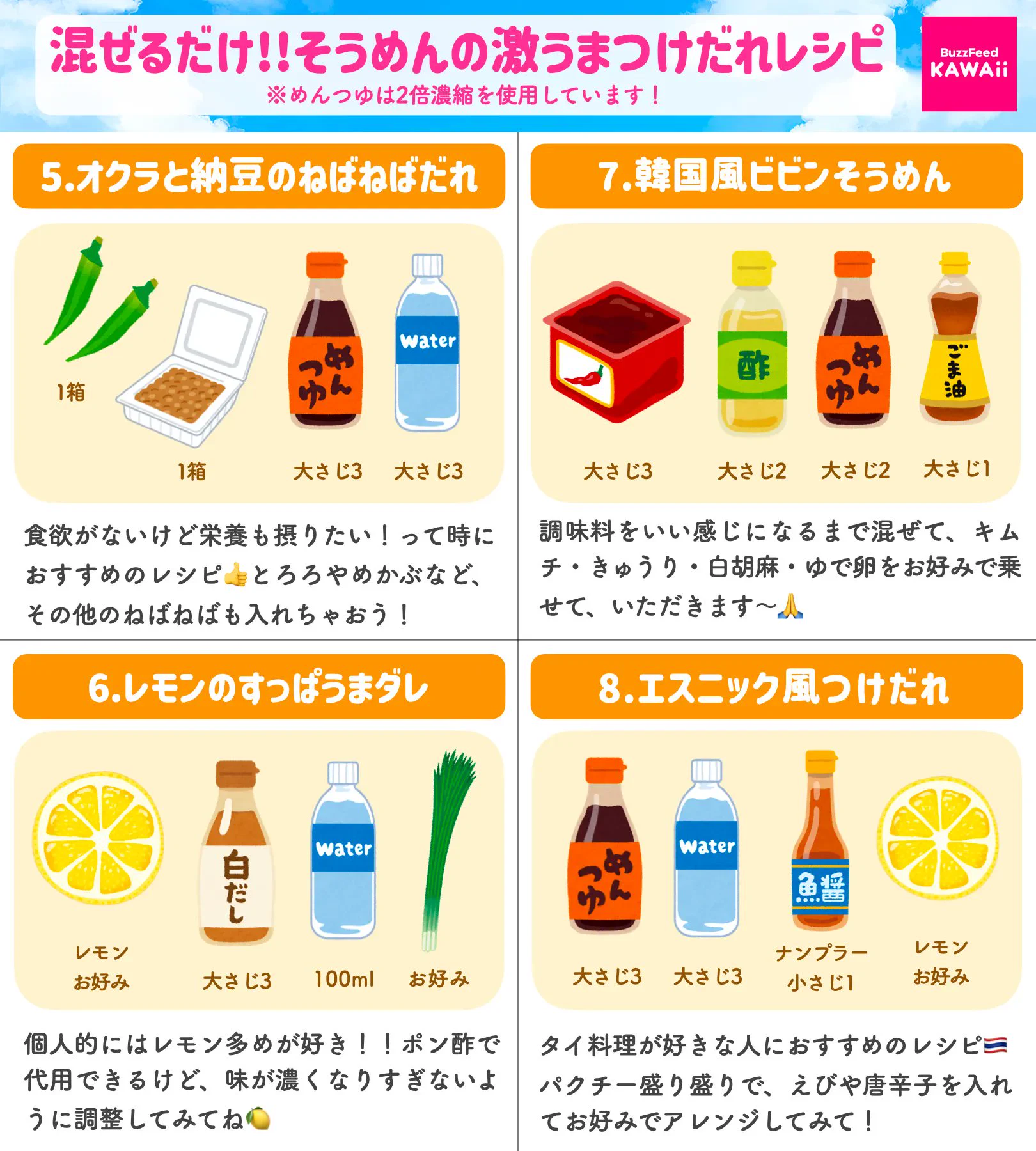 短時間でさっと作れそうなレシピばかり！素麺をより一層美味しく食べられそうな「つけだれ」レシピ8選！