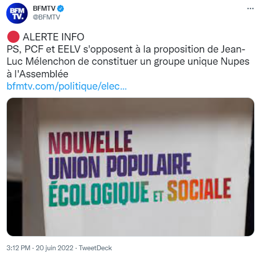 Samuel_Lafont's tweet photo. La coalition électorale « NUPES » s'effondre déjà.

#legislatives2022 https://t.co/pBQEK778QB