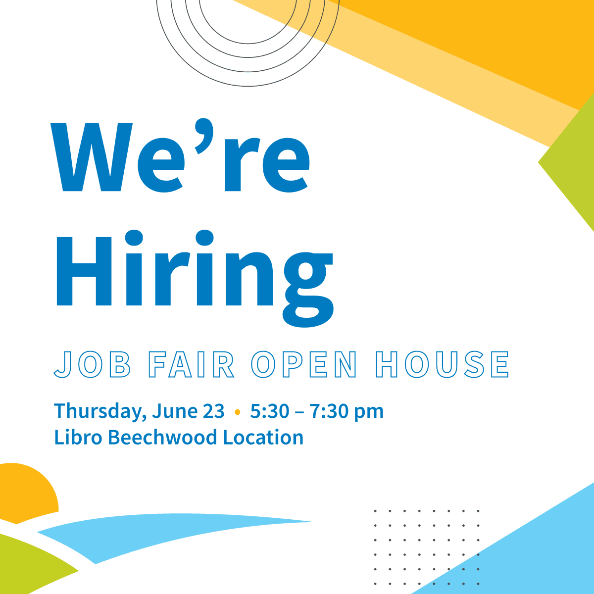 If you’re looking for a fulfilling career at a company that truly knows the value of its staff, look no further! You’re invited to our Beechwood Open House on June 23 between 5:30 – 7:30pm.  

For more opportunities across Libro, click here: belibro.ca/2qWaumq