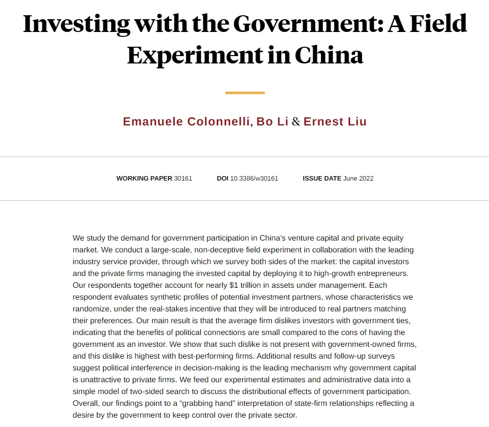 Chinese firms dislike investors with government ties: benefits of political connections are small compared to cons (e.g., political interference in decision-making). 

Government investments reflect a desire to control the private sector.

nber.org/papers/w30161 <a href="/ErnestLiuEcon/">Ernest Liu</a>