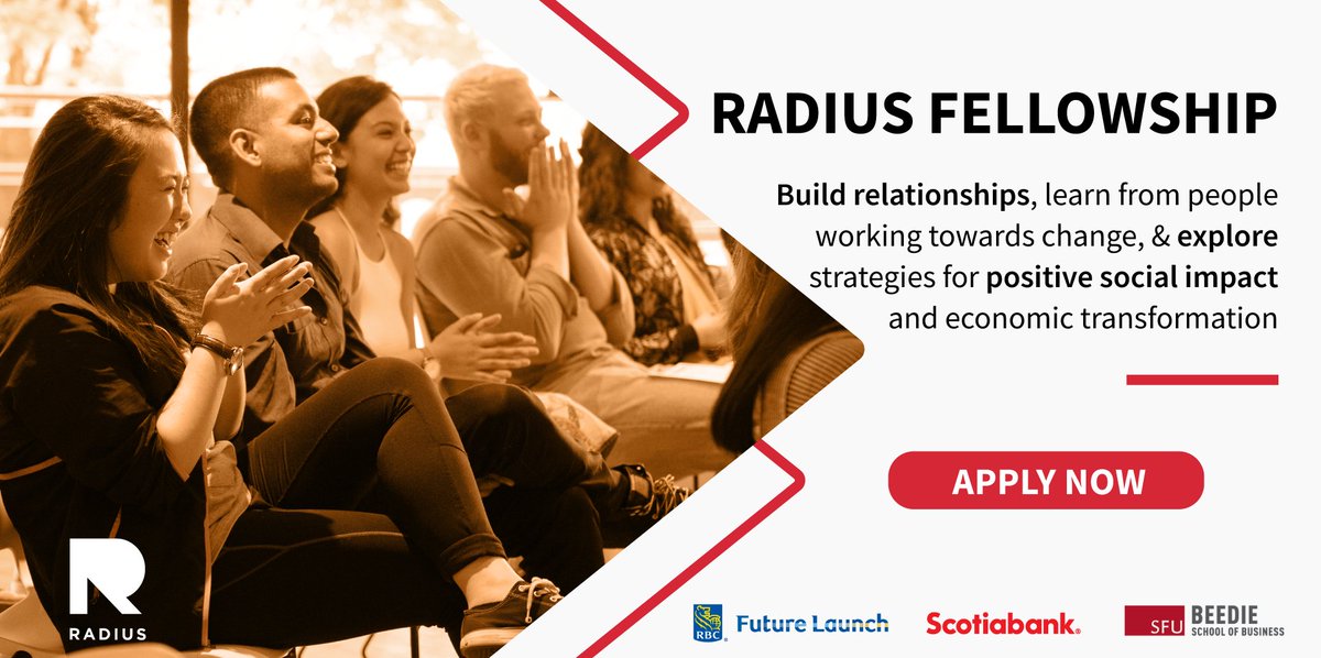 RADIUS_SFU's tweet photo. Do you want to develop &amp; activate a project or idea to drive deep &amp; meaningful economic transformation? Applications are now open for the #RADIUSFellowship, where you’ll meet with a diverse group of leaders to share, learn, &amp; collaborate. 

📌Learn more: https://t.co/fdelfh7wij https://t.co/CqLzDt1ERT