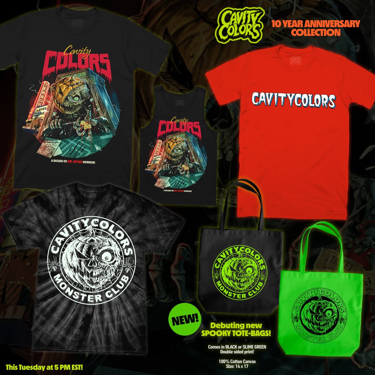 🥳 CAVITYCOLORS 10 Year Anniversary Collection reveal! 🎃This Tuesday, June 21st at 5 PM EST, we’re celebrating a DECADE of our brand with new original tees, summer tanks, and new tote bags! Details in this thread! 👇