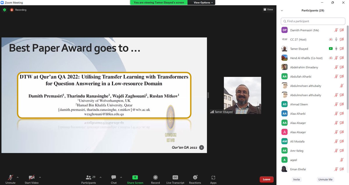 I am super delighted that our paper has been awarded as the best paper in the Qur'an QA shared task at @osact_workshop  co-located with @lrec2022. Kudos to all authors
@TharinduDR @wzaghouani @ruslanmitkov @RGCL_WLV
arxiv.org/abs/2205.06025
#ArabicNLP #NLP #AI #digital #humanities