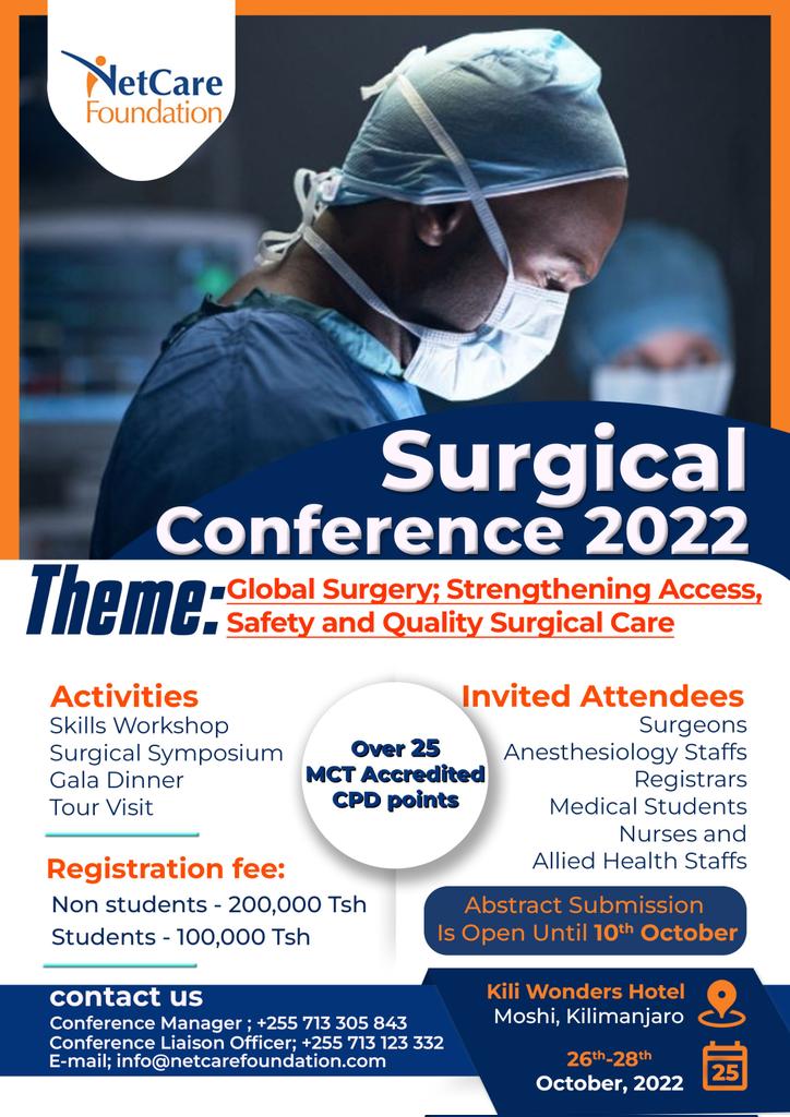 NetcareT's tweet photo. As part of our daily activities, we organize a surgical conference everyday in October.This is the platform for all members of surgical ecosystem, feel welcome, all stakeholders of surgery are invited. Moshi, Kilimanjaro is ready to host all of you.. let's talk about safe surgery https://t.co/kFqukR4HBg