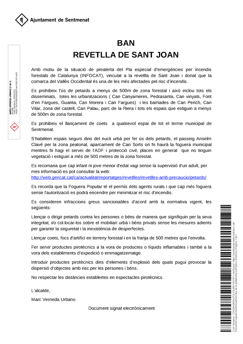 AjSentmenat's tweet photo. ‼ Ban d'alcaldia d'avui dilluns 20 de juny amb mesures per minimitzar el risc d’incendis forestals. #Sentmenat
ℹ️https://t.co/cQjsvQLzET https://t.co/EHxU2f5qAX