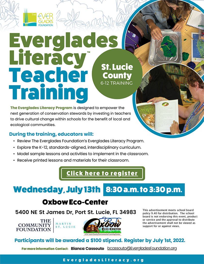 Everglades Literacy Teacher Training at the Oxbow Eco-Center

K-5 | Tuesday, July 12th, 8:30 a.m. to 3:30 p.m. | register: bit.ly/3N26Y2V
6-12 | Wednesday, July 13th, 8:30 a.m. to 3:30 p.m. | register: bit.ly/3n0jMfV