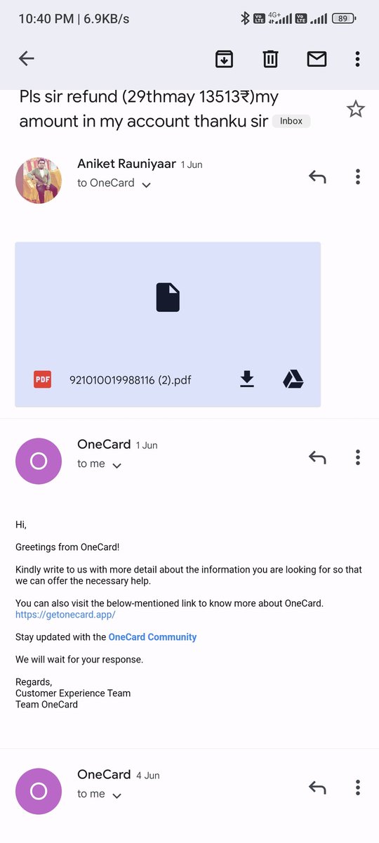 f0ff6cb8b3fd4aa's tweet image. Shameless service from @GetOneCardIN 3jun ko refund kerne ke liye request ki thi abhi tak problem solve nhi hua 3/4 times coustmer care se bhi baat ki  #bad_Service
@sbmbankindia #onecardhelp #Teammetal @sinhaanurag14