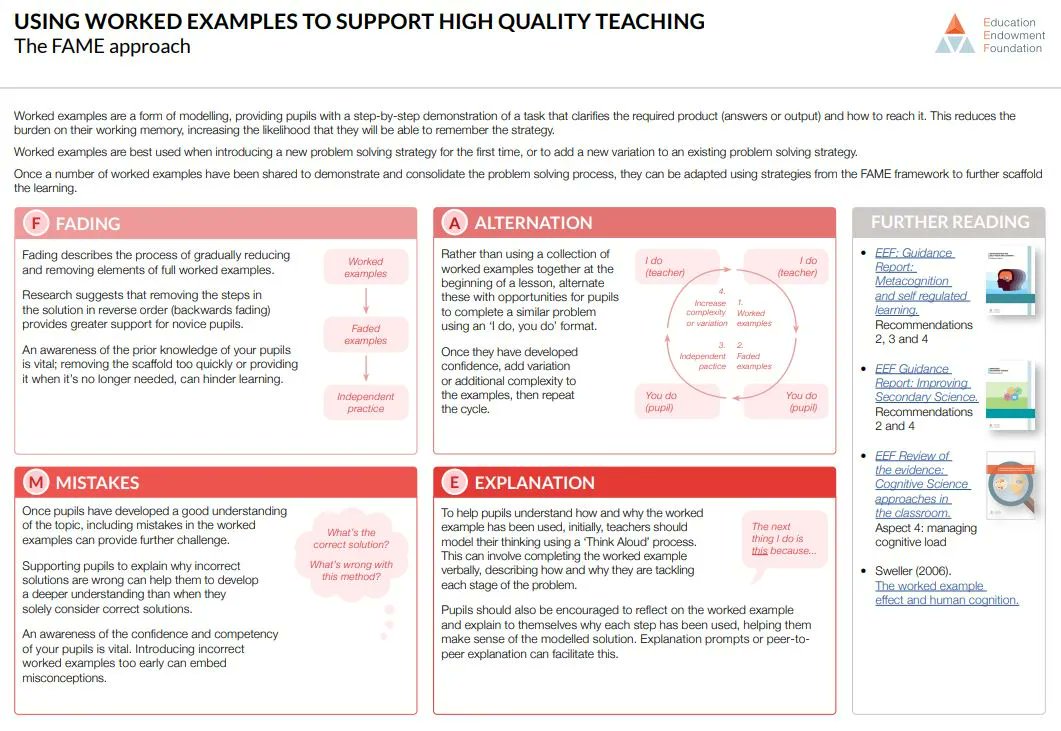 "For many pupils the leap from a single worked example to independent practice is too great. We need to provide steps to carefully scaffold the transition," writes @rjpritchard in this new EEF blog.

Read here: eef.li/Uh9fEa