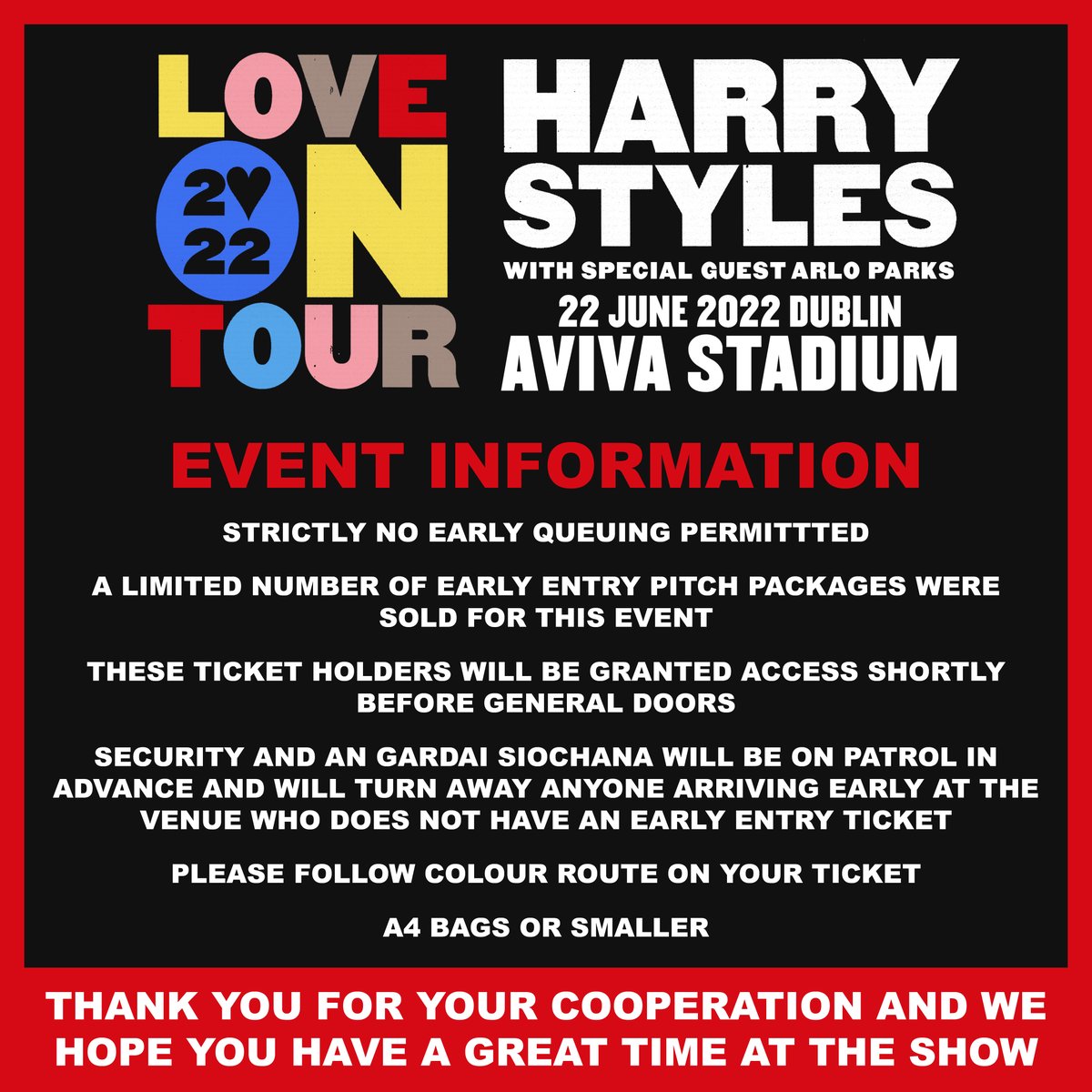 Attending Harry Styles at Aviva Stadium this Wednesday? Key information below and full information can be found at mcd.ie/artists/harry-… 

🚫 No early queuing 
🚌🚉Please use public transport
🚫 No parking at venue
🚗 Please use city centre car parks