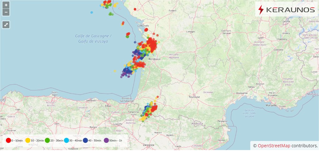 Des #orages violents ont abordé l'#Aquitaine ce soir sous forme de supercellules grêligènes. L'activité va s'étendre au fil des heures. 
