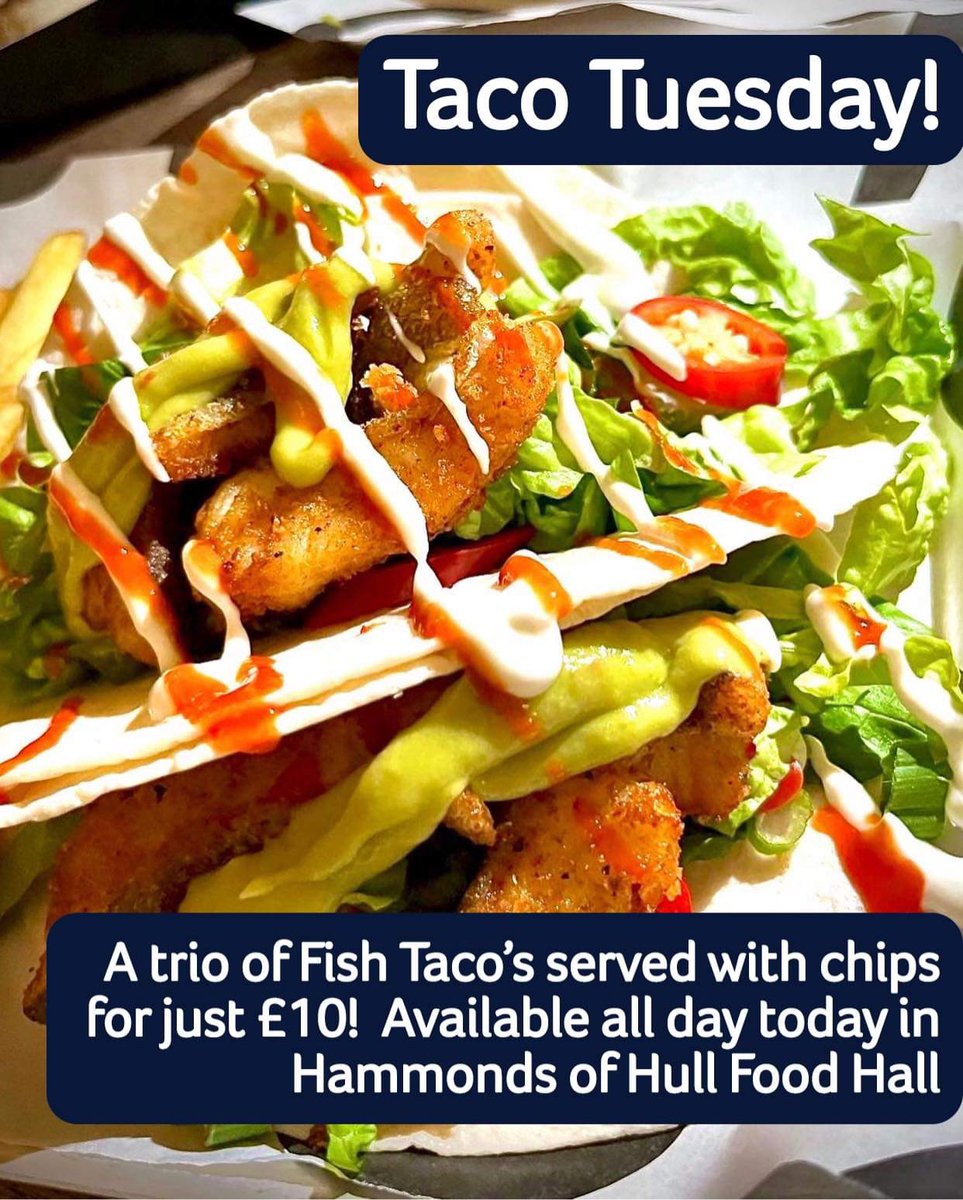 TACO TUESDAY!!

It’s back tomorrow, we’ll be serving up our delicious fish tacos &amp; chips for just £10! A saving of £5 on normal price purely for alliteration purposes, but we’re happy with that. Available all day in <a href="/hohfoodhall/">HoH Food Hall</a> 

#tacotuesday #alliteration #specialoffer #hull