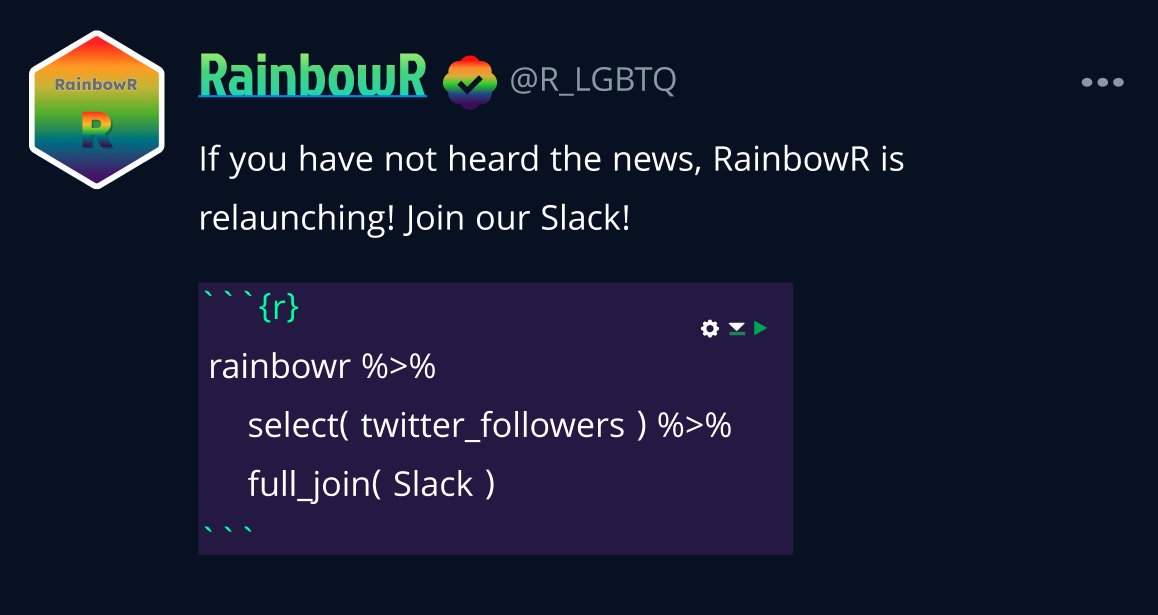 R_LGBTQ's tweet photo. rainbowR is back, we have a colorful new website with fun Slack! We will be active with posts, #LGBTQ  issues and #DataScience . We want you to be part of it ! 
#RStats  << Retweets are appreciated >> https://t.co/ZfaG7YwE3e