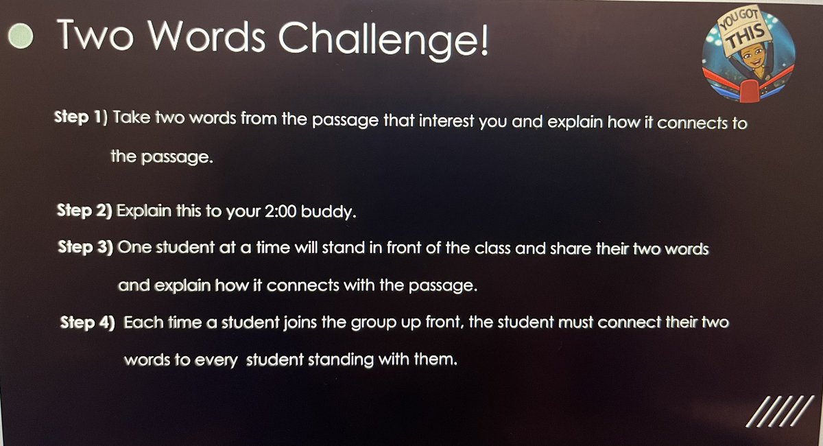 MsFieldsClass's tweet photo. 1st day at @JCPSKY #BackpackLeague I used the “Pick Two Words” from a passage, a strategy that I learned from Adolescent Literacy Model training @ctonline @JenniAberli. WOW…AMAZING 👏🏽👏🏽The higher level of understanding was profound!! Many Ss said it was their favorite activity! https://t.co/PKkcxJ78VY