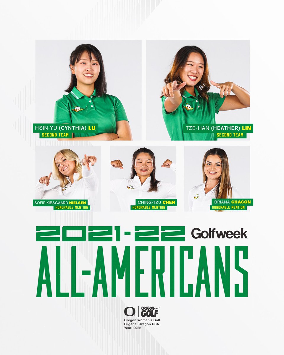 𝐀𝐋𝐋 𝐅𝐈𝐕𝐄!!

Oregon’s 𝐞𝐧𝐭𝐢𝐫𝐞 𝐥𝐢𝐧𝐞𝐮𝐩 has earned all-America honors from <a href="/golfweek/">Golfweek</a>! 🦆

#GoDucks