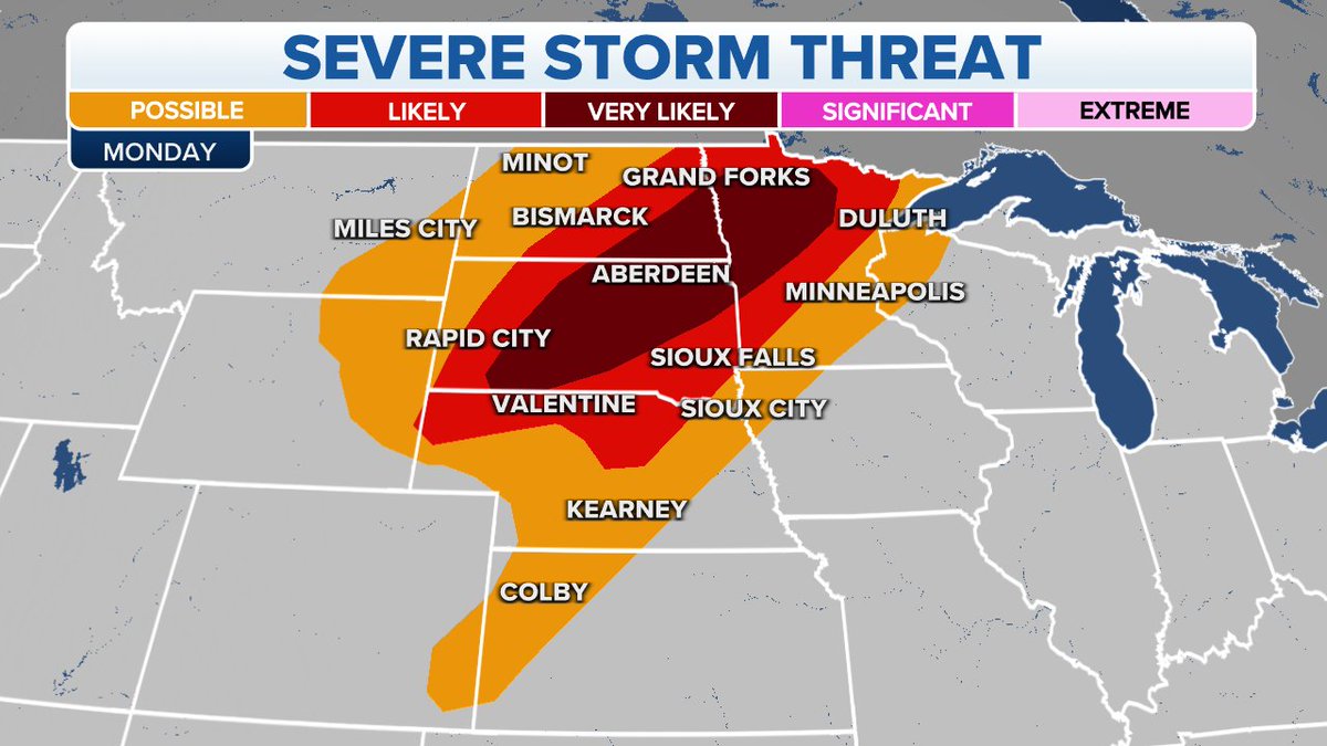 Severe thunderstorms are expected to develop from the northern High Plains across the Dakotas and into Minnesota on Monday afternoon and evening.

Damaging wind gusts and large hail are the main threats from these storms. https://t.co/1b0l5LKAOF https://t.co/fLf1Axrl6z